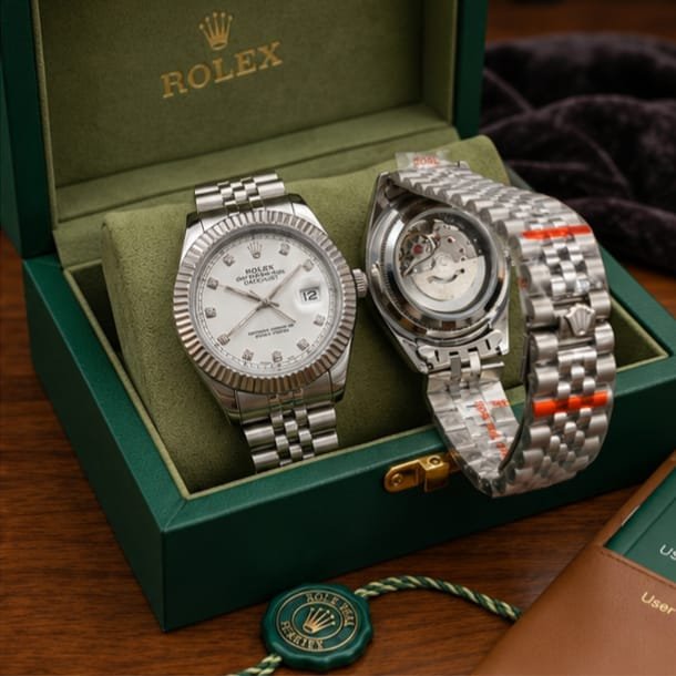 Luxury Rolex-Style Datejust White Diamond Dial Men's Watch - Automatic Movement with Fluted Bezel & Jubilee Chain + Premium Box